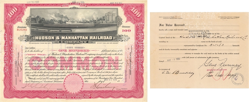 1935 Hudson & Manhattan Railroad Stock Certificate With Transfer Signed By Gene Tunney (Beckett)